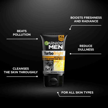 Garnier Men Turbo Bright Double Action Face Wash, Deep Cleansing Anti Pollution Face Wash with Charcoal and Vitamin C, Suitable for all Skin Types, 150g x2 (Pack of 2)